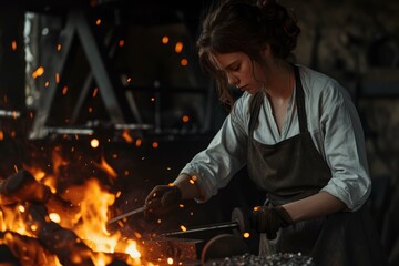 Blacksmith woman workshop forge. Molten industry. Generate Ai - Powered by Adobe