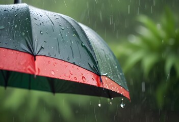 A umbrella in the rain, with water droplets visible on the surface and a blurred green background
