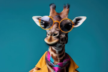 A giraffe standing while wearing stylish glasses and a bright yellow jacket in a playful and quirky fashion statement