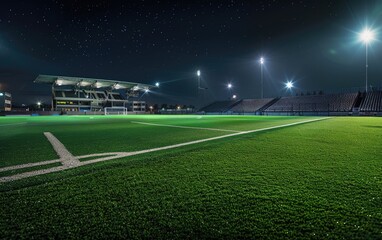 an empty soccer stadium with a lot of lights on it at night