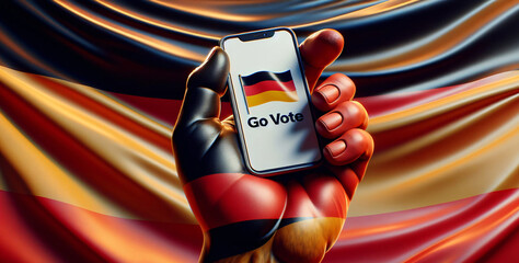 Eine Hand und Hintergrund in Deutschlandfarben, die ein Handy hält auf dem der Text "go vote"zu lesen ist.
Wahl, Copy space
