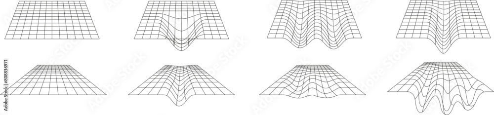 Poster 3D mesh plane set. Distorted perspective grid collection. Abstract Futuristic design elements. Vector geometric line mesh, square structure grid. Vector EPS 10