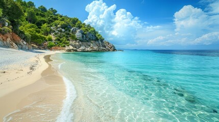 Obraz premium tropical beach getaway, sandy beach kissed by the sun, clear blue waters perfect for a relaxing summer getaway