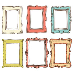 Six colorful handdrawn picture frames, various styles ornaments, empty centers photos artwork, isolated white background. Vintage decorative frames collection, bright cartoon sketch design, creative