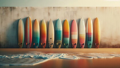 Bunte Surfbretter stehen an einer Wand am Strand, copy space