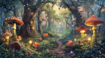 Enchanted Forest Path with Luminous Mushrooms and Magical Atmosphere