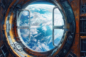 The image shows a view of Earth from inside a space station, revealing the curvature of the planet, clouds, oceans, and landmasses - obrazy, fototapety, plakaty