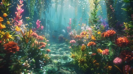 Enchanting Underwater Garden with Luminous Florals and Ethereal Glow