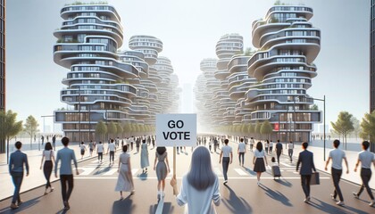 Moderne Bauten in einer Straße mit vielen Menschen, die in eine Richtung gehen. Darunter der Textg "go vote", copy space, Wahl