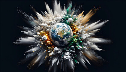 Der Globus in einer Explosionswolke auf schwarzem Hintergrund, copy space