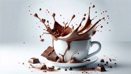 Eine weiße Tasse mit Schokoladen-Splash, copy space