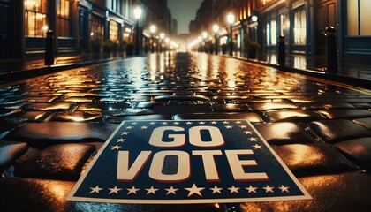 Eine beleuchtete Gasse mit nassem Kopfsteinpflaster und dem Text "go Vote"
