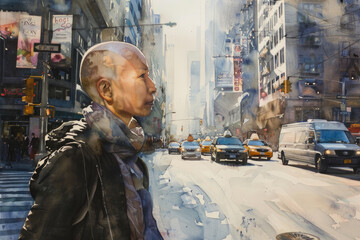 Bald person stands in profile against a blurred backdrop of busy city traffic and tall buildings
