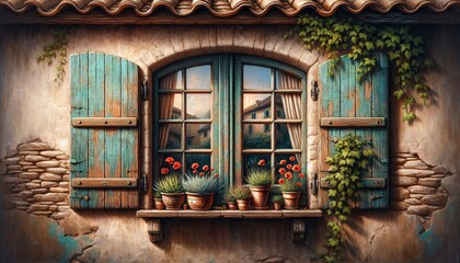 Illustration einer Fassade mit verwitterten Fensterläden und Sprossenfenstern, Stilllife