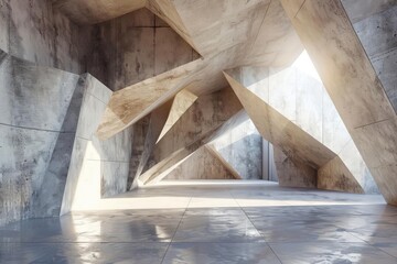 empty interior with concrete walls and abstract geometric decoration minimalist architecture 3d render