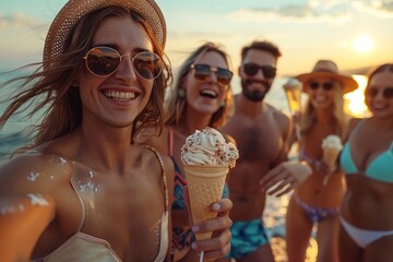 A group of people are smiling and holding ice cream cones on a beach