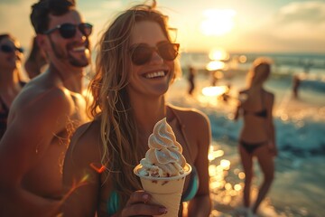 Joyful Beach Gathering with Ice Cream at Sunset