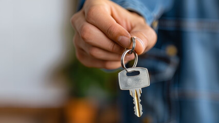 Close-up of a person holding a house key in focus, with a blurred home interior in the background