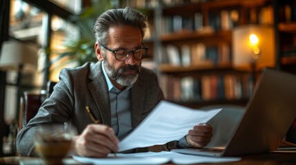 Obraz premium A man in a suit is sitting at a desk with a stack of papers in front of him