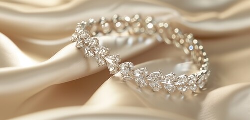 A sparkling diamond bracelet draped over a satin-lined jewelry display.