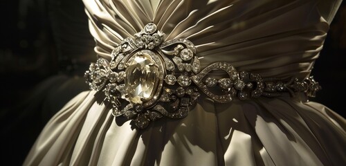 A shimmering diamond brooch fastened to the waist of a flowing gown.