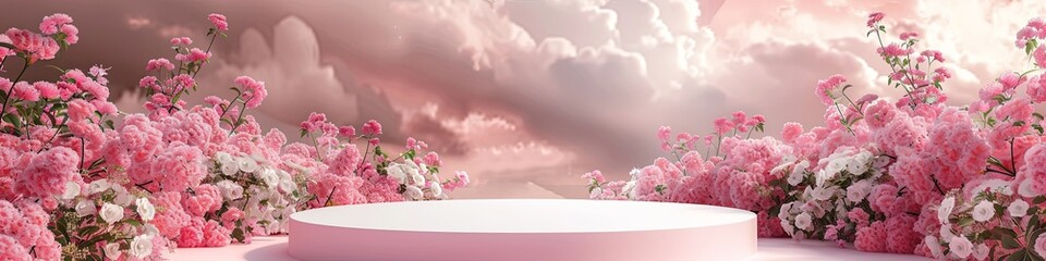 Fototapeta premium Pastel Podium Surrounded by Spring Roses