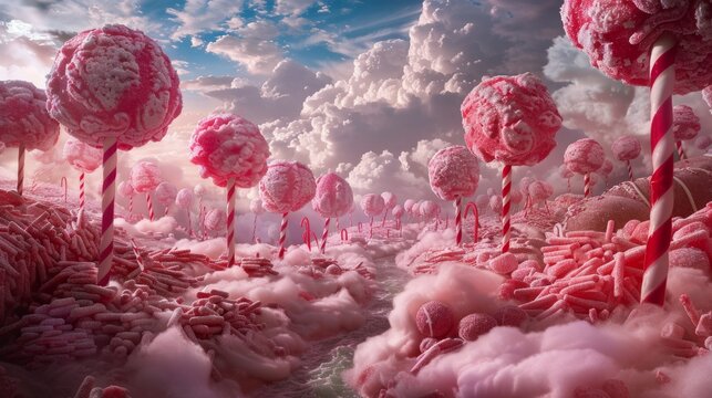surreal food paradise, a magical forest with candy cane trees, cotton candy clouds, and chocolate river streams, a whimsical food paradise from a fairytale