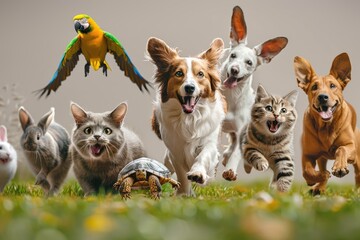 two dogs of different breeds, 3 cats of different breeds, a parrot, a turtle, a hamster, a rabbit...