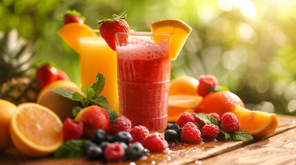 Glass of fruit juice with fresh fruits on wooden table