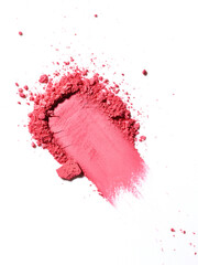 Swatch or swoosh of red makeup powder texture. Bold smear or sample of cosmetic product. Macro image of make-up texture in super high resolution.