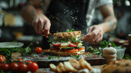 Man preparing a sandwich with natural ingredients on a wooden cutting board