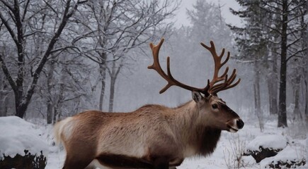 Reindeer in the forest during a snowfall in winter.