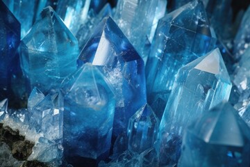 Captivating close-up shot of vibrant blue crystal formation, showcasing the geometric, natural beauty of rare gemstone minerals, with sharp, mystical, and abstract texture