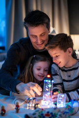 Obraz premium The photo shows a father and his two children playing with