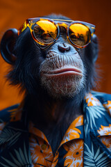 The Profile of A Monkey Wearing Sunglasses and A Brightly Colored T-shirt Against A Solid-Colored Background