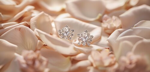Sparkling diamond earrings resting on a bed of soft silk petals.