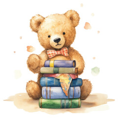 PNG Teddy bear holding a globe paper book cute.