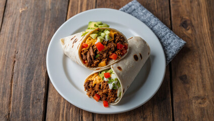 Image of a plate of burritos placed on a white plate on a wooden table 74