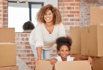 Mother, child and boxes for moving to new home with property mortgage, portrait and play for love....
