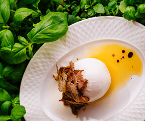 poached egg with truffle shavings on basil bed
