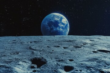Breathtaking view of earth rising above the moon's crater-filled surface against a starry sky