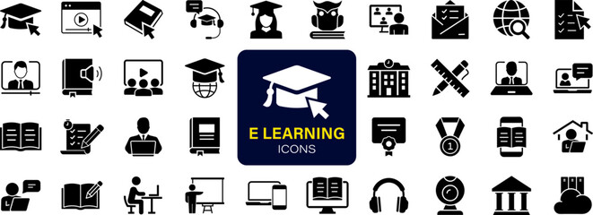 E-learning set of web icons. Online education icons for web and mobile app. Distance learning, video tutorial, online lecture, school, university, webinar. Solid vector icons collection