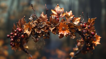 A crown of autumnal splendor, adorned with amber leaves and garnet berries.