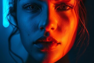 A close-up of a young woman face, half-lit by a deep blue neon light and half in shadow, emphasizing contrast and emotion