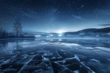 Night fantasy landscape with frozen cracked ice and starry sky, fog. Reflection of moonlight on ice.