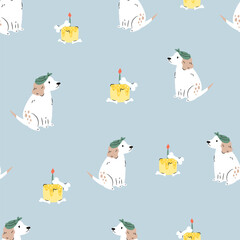 Seamless pattern with holiday spaniel dogs and Birthday cakes. Illustration for textile, print, wrapping paper, gift boxes