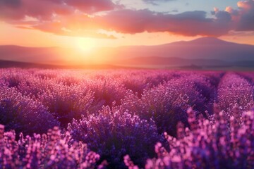 A stunning and vibrant image capturing the endless purple lavender fields under a dramatic sunset sky