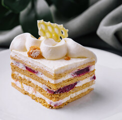 Delectable layered cake on elegant white plate