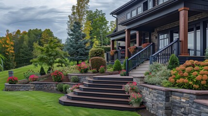 Obraz premium Nice modern central or backyard entrance with stairs in house with beautiful garden and landscape