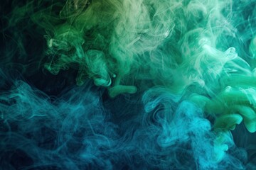 Vibrant backdrop of intertwining green and blue smoke on a dark background